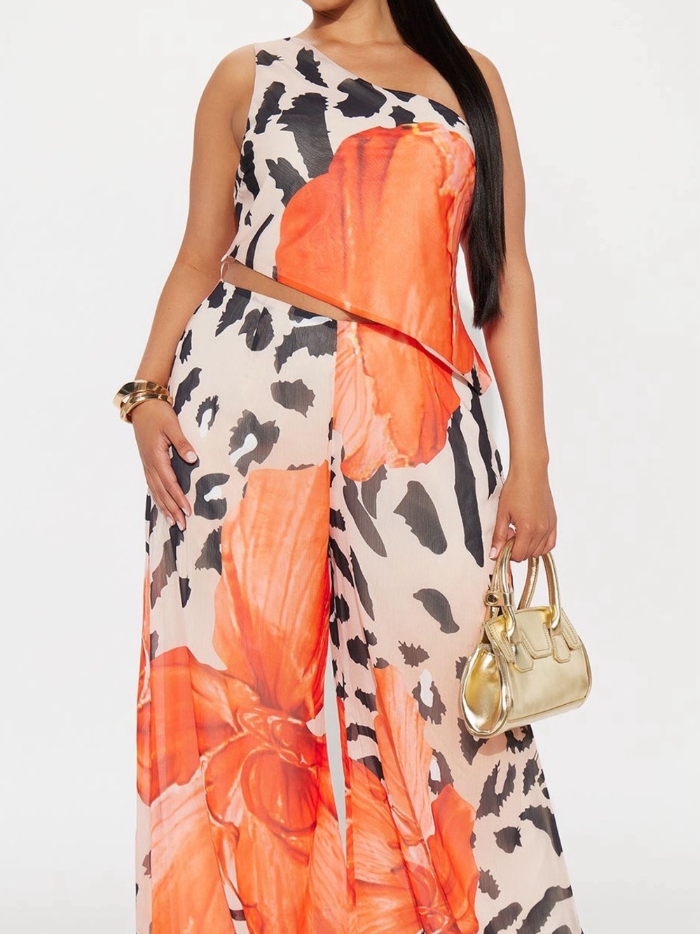 One-Shoulder Orange Floral Wide-Leg 2 piece set